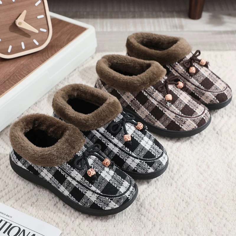 Women's Shoes Round Toe Casual Flat Shoes Slip on Casual Shoes Winter Plush and Thickened Vintage Cotton Shoes Snow Boots