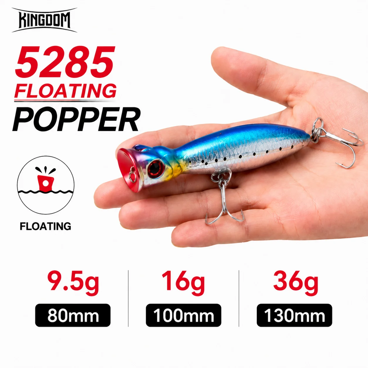 Kingdom Floating Popper Angelköder 80 mm 9,5 g 100 mm 16 g 130 mm 36 g TopWater Kunstköder Harter Wobbler zum Angeln auf Barschforellen