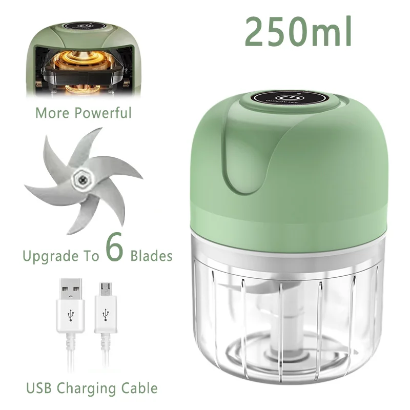 USB Wireless Electric Garlic Masher, 250ml Press Mincer, Vegetais, Pimentão, Moedor de Carne, Food Chopper, Acessórios de Cozinha, 6 Lâminas