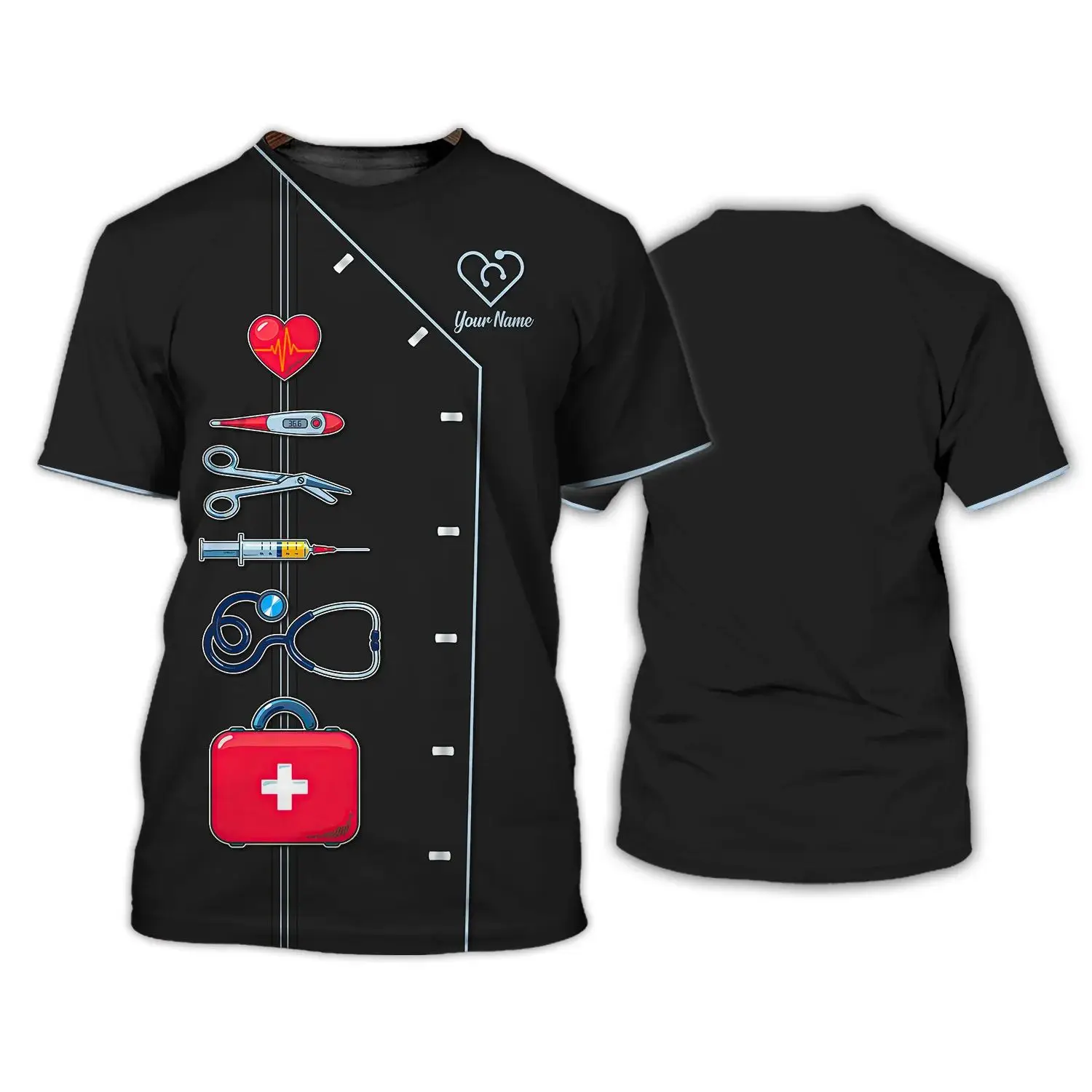 Summer Men\'s Fashion Creative Doctor Uniform Pattern Hd 3d Printing O Collar Short Sleeve Loose Breathable Street Plus Size Top