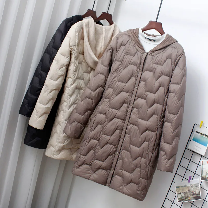 

Ultra Light White Duck Down Jacket New Autumn Winter Women Midi Long Knitted Hooded Down Coat Parkas Female Warm Puffer Outwears
