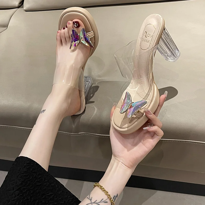 

Шлепанцы женские на прозрачном каблуке, уличные тапочки, модные блестящие мюли, Гавайские Роскошные туфли на каблуке