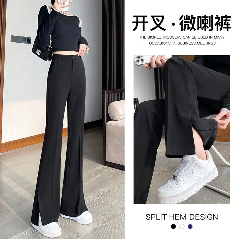 Women Spring New High Waist Chiffon Micro Flared Pants Fashion Split Zipper Button Pocket Slim Look Thinner Versatile Suit Pants