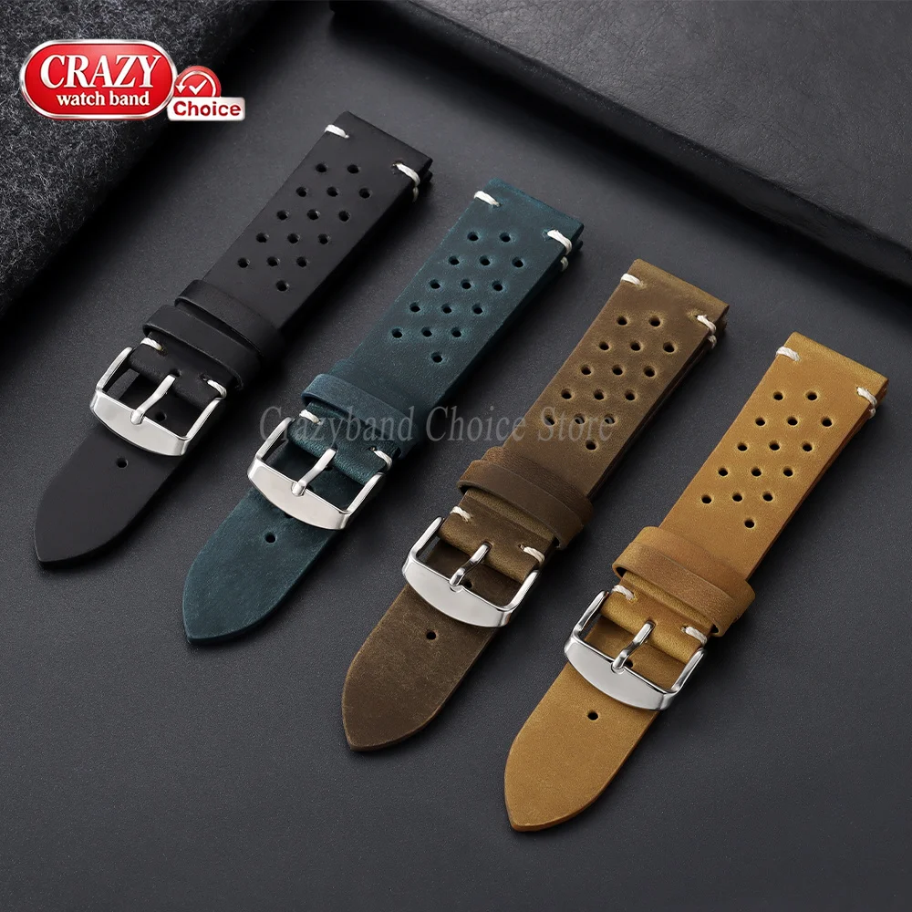 Handmade Dark Brown Vintage Racing Leather Watch Strap - Breathable and Porous Design