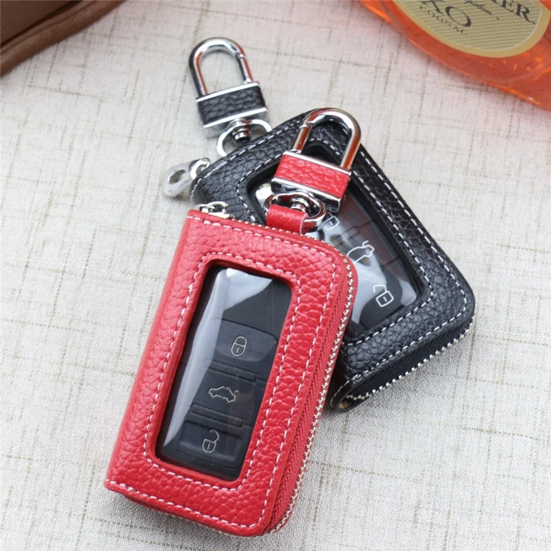 Leather Zipper Square Home Car Key Holder Transparent Window Key Bag Case Wallet Chain Women Home Car Organizer key case key case cover
