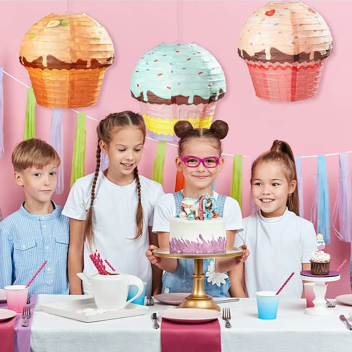 Paper Lantern Cake Paper Lanterns 1st One Happy Birthday Party Decoration Kids 3D Ornaments Cup Cake Ice Cream Pendant Child Baby Shower Favor