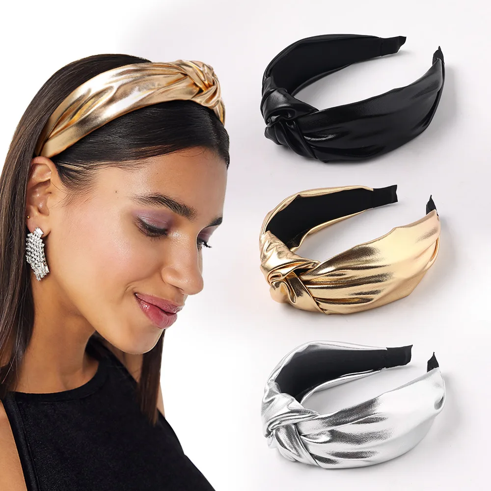 Pu Glossy Wide Fashion Boutique Hair Accessories Women's Retro Style Headband Knotted Holiday Wind Wide Side Hair Hoop Headwear