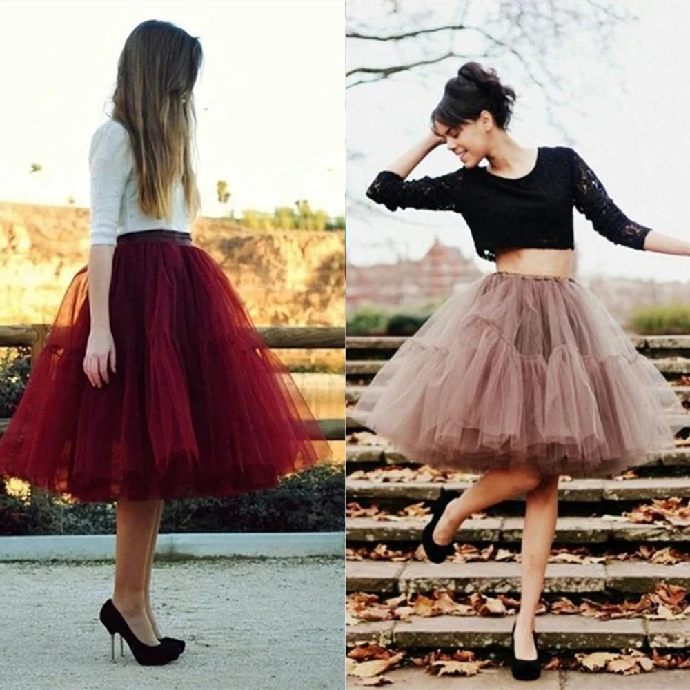 6 Layered Knee Length Adult Tutu Tulle Skirt Petticoat Womens Flare Puffy Petticoat Lolita Dress Wedding Party Prom Ball Gown