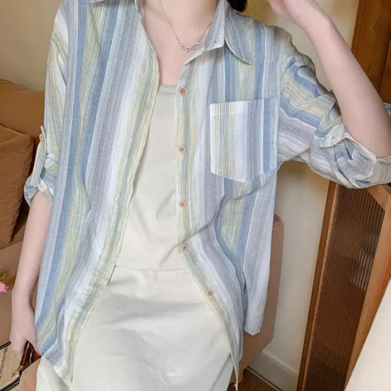 

Роскошная Повседневная летняя новая полосатая блузка для женщин, летний элегантный свободный офисный топ с рукавом до локтя, женские модные рубашки, Vc83