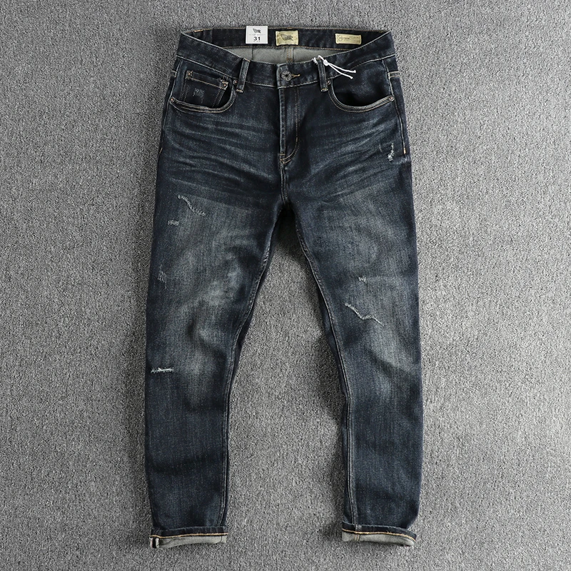 

Dark Blue Denim Jeans for Men 75% Cotton Spring Autumn Vintage Ripped Destroyed Washed Pants for Youth Male Slim Fit Trousers