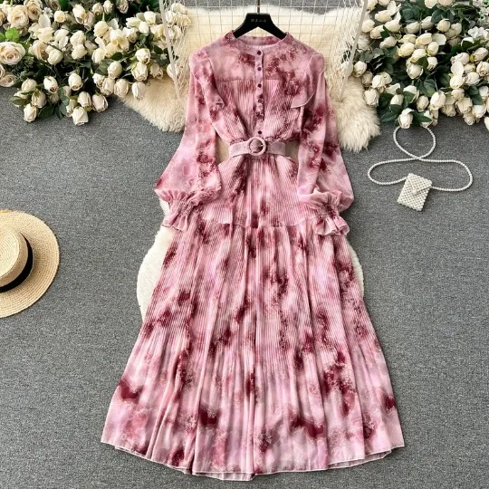 Women Spring Summer Dress French Dress 2024 New Design Sense Irregular Tie Dye Slim Fit Long Swing Chiffon Holiday Dress