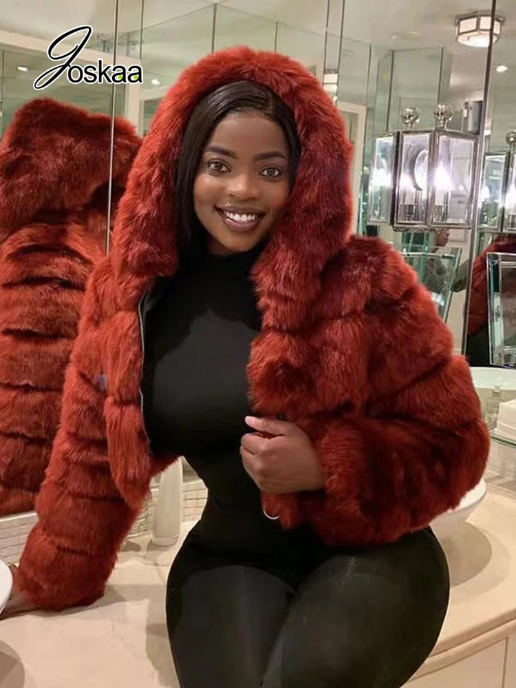 Joskaa Solid Furry Cropped Faux Fur Down Coats Women Fluffy Zipper Long  Sleeve Hooded Jacket Outwear Winter Tops 2023 Streetwear - AliExpress