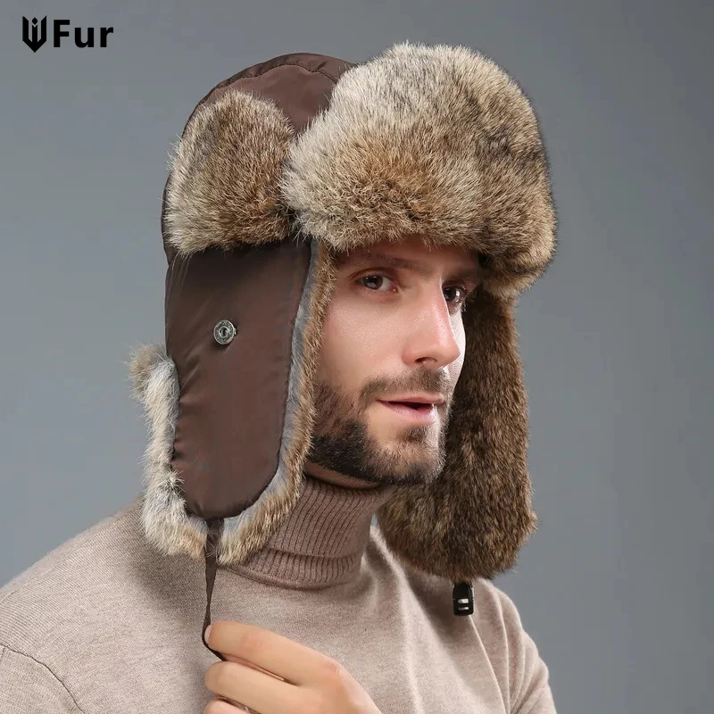 Mens Women Unisex Warm Trapper Aviator Trooper Earflap Winter Warm Flaps Ski Hat New Bomber Hat 100% Natural Real Rabbit Fur Cap