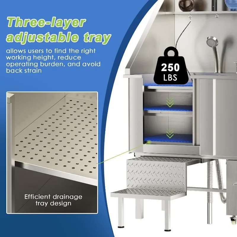 304 Stainless Steel Dog Washing Station, 50 Inch Professional Dog Grooming Tub, Pet Bathtub with Sink, Storage Drawer,Ladder 3