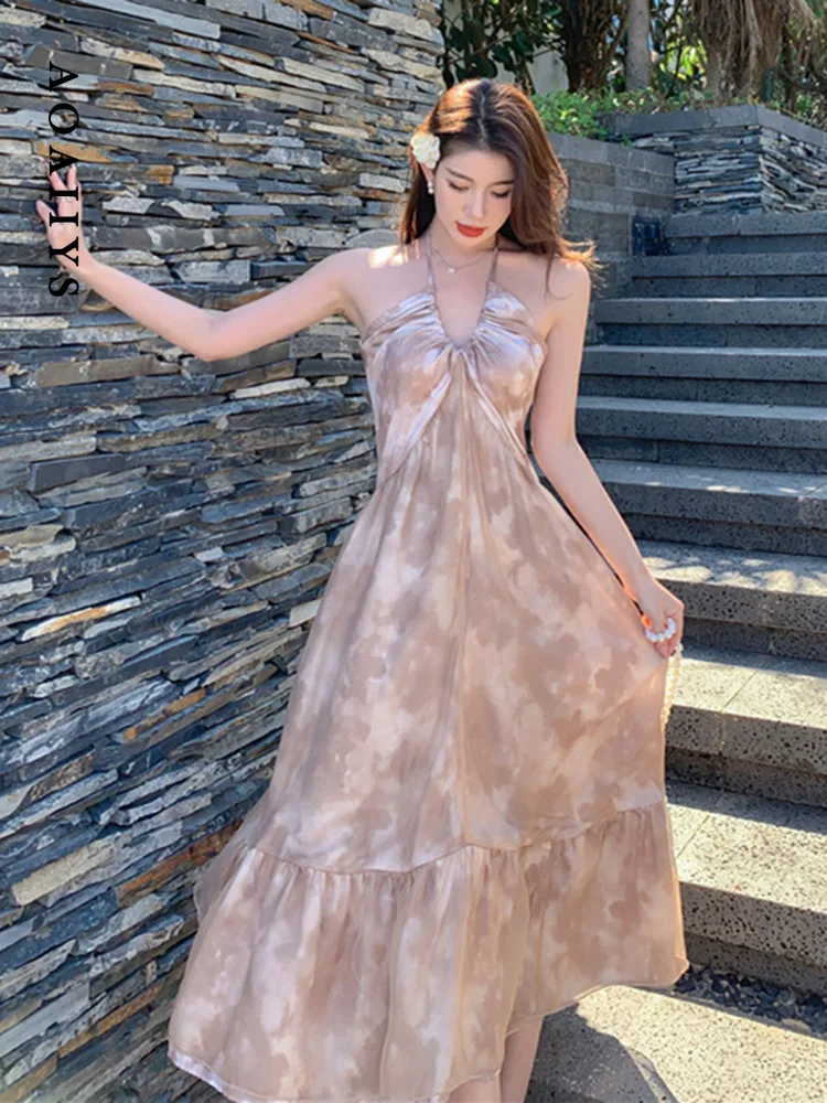 

Dresses for Women Dress 2023 Summer New Neck-mounted Tie Dye V-neck High Waisted Spaghetti Strap Dress Mid-Calf Hollow Out Dress