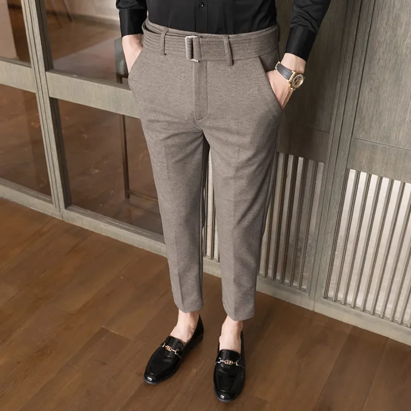 thumbnail image 1 of Pantalones de traje masculino de corte recto y ajustado con trenzas, pantalones de verano para hombre, ropa de negocios elástica y elástica, promoción, 1 of 5