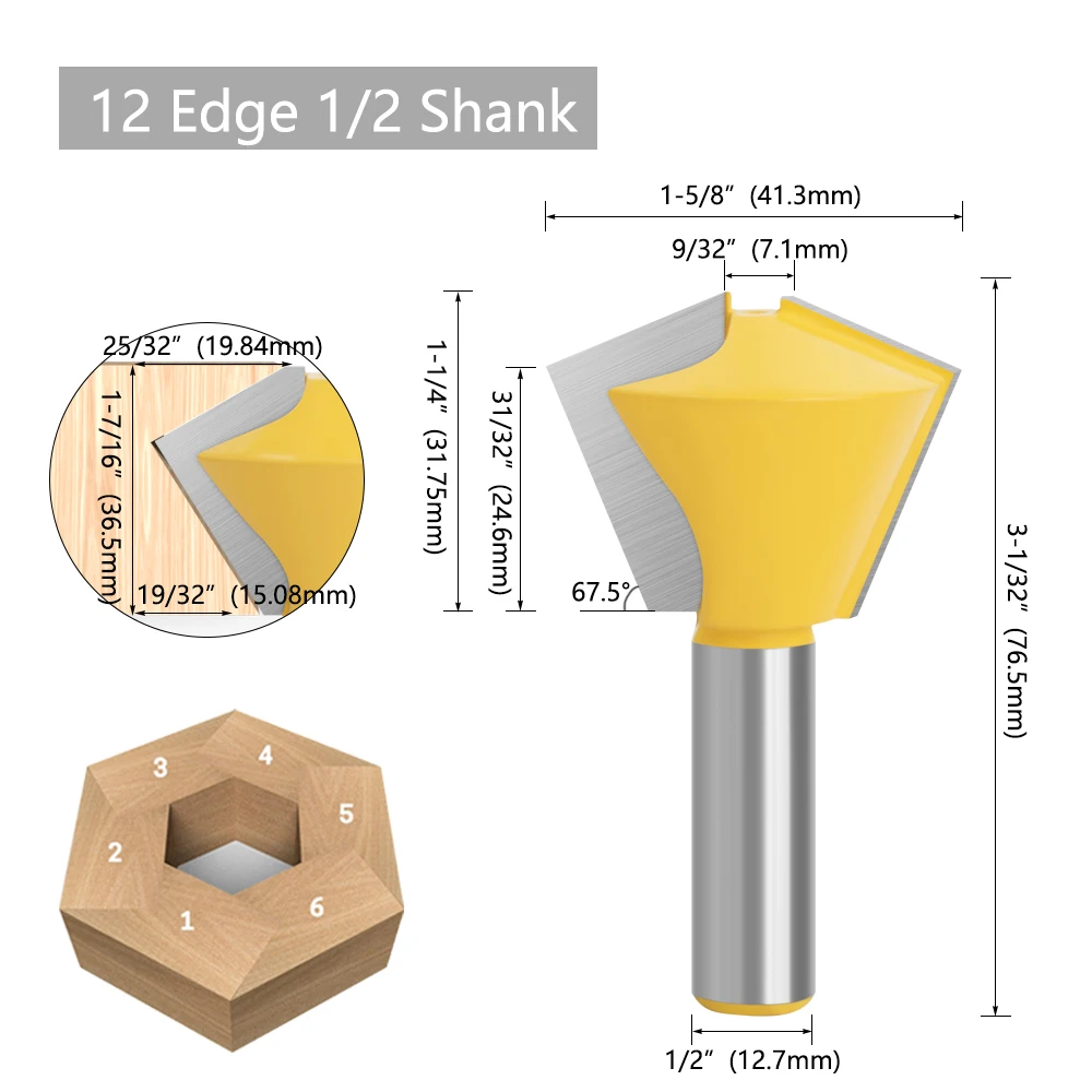 LAVIE 1 Stück 12mm 1/2 12,7mm Mehrseitiger Leimverbindungsfräser 8-seitig 12-seitig 6-seitig Zapfenfräser Holzbearbeitung MC03036 – Detail 6