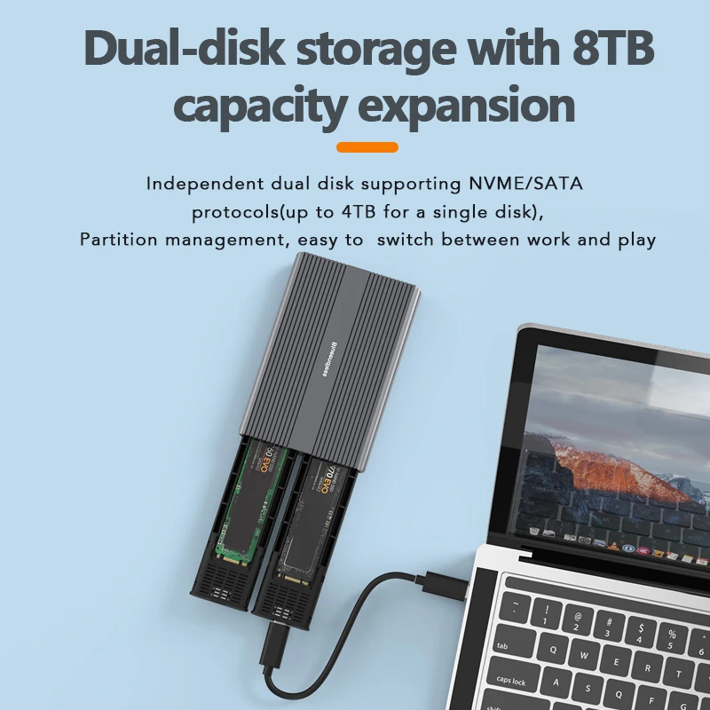SSD Enclosure Blueendless Dual Bay M2 SSD Case Type C USB3.2 Gen2