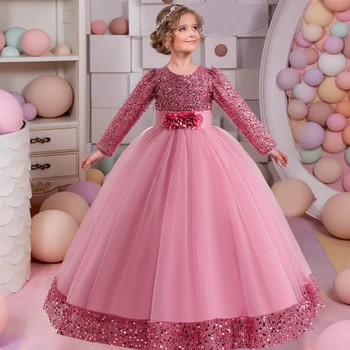 Teens Formal Evening Dresses For Girls Children Costume Long Sleeve Sequin Christmas Wedding Party Dress Kids Girl Princess Gown 1