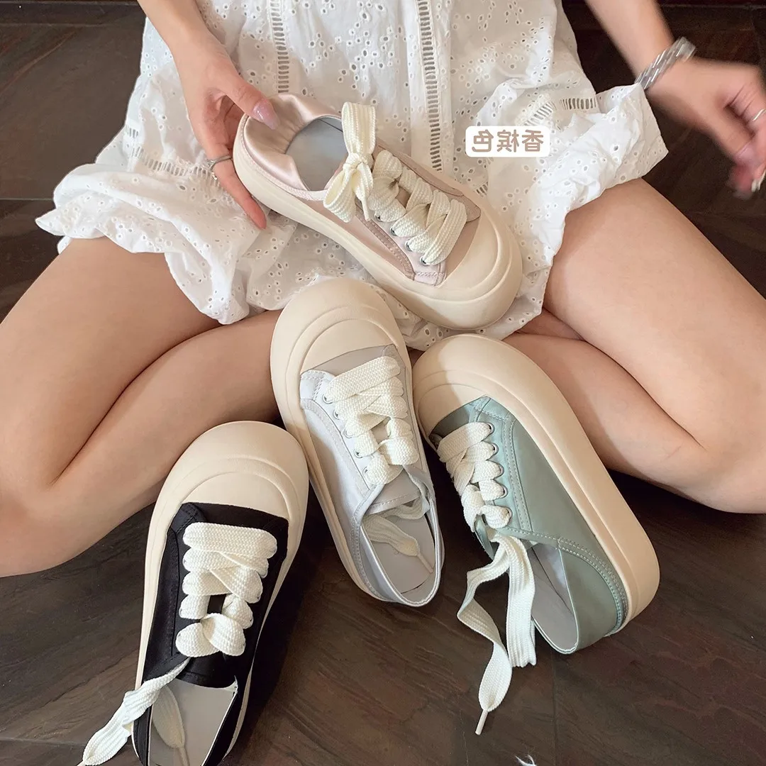 

Dave&Di Ins Fashion Blogger Solid Color Silk Thick-Soled Canvas Shoes Lace-up Biscuit Shoes Women's Round-Toed Satin Sneakers