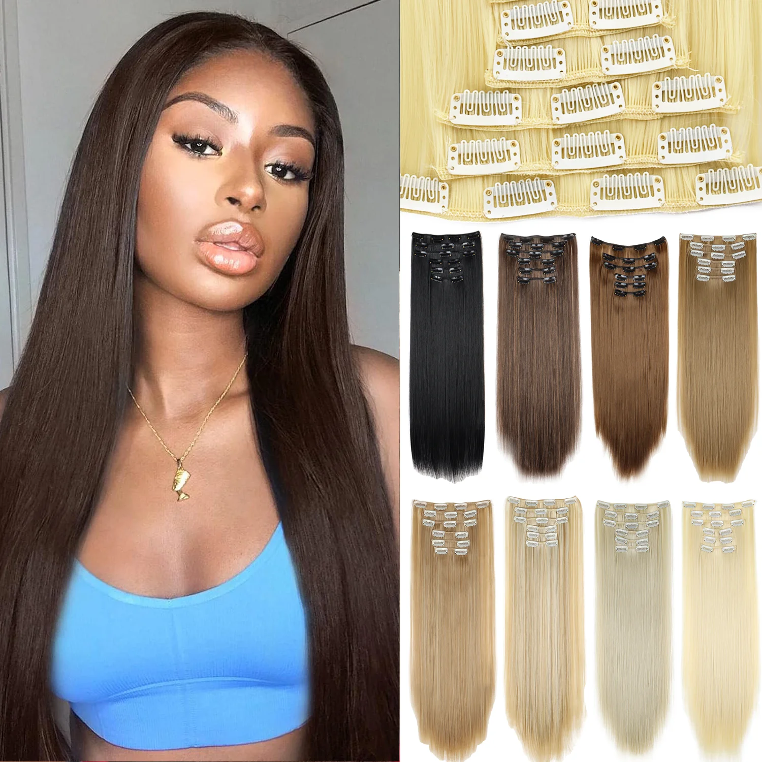 Clip In Hair Extensions 6PCS 16 Clips Synthetic Hair Natural Smooth Full Head Clips Accessories