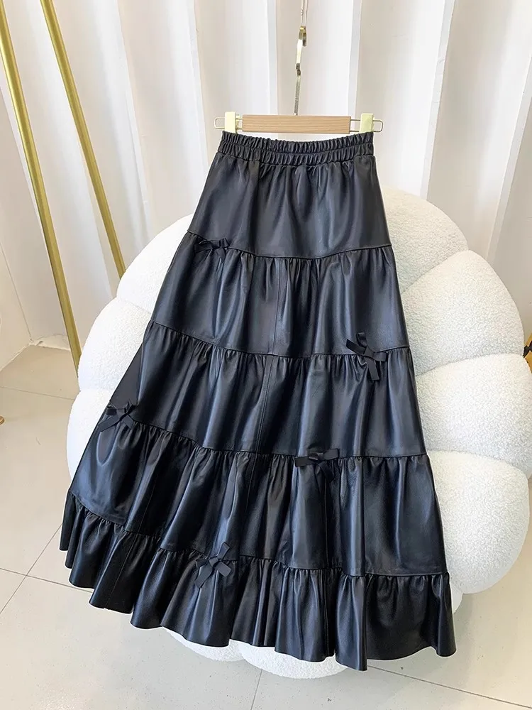 Description Picture 5 of itemWomen Fashion Genuine Leather Long Skirt Casual Loose Fit Elastic High Waist Sweet Bowknot Solid Color Lady Layers A-Line Skirts