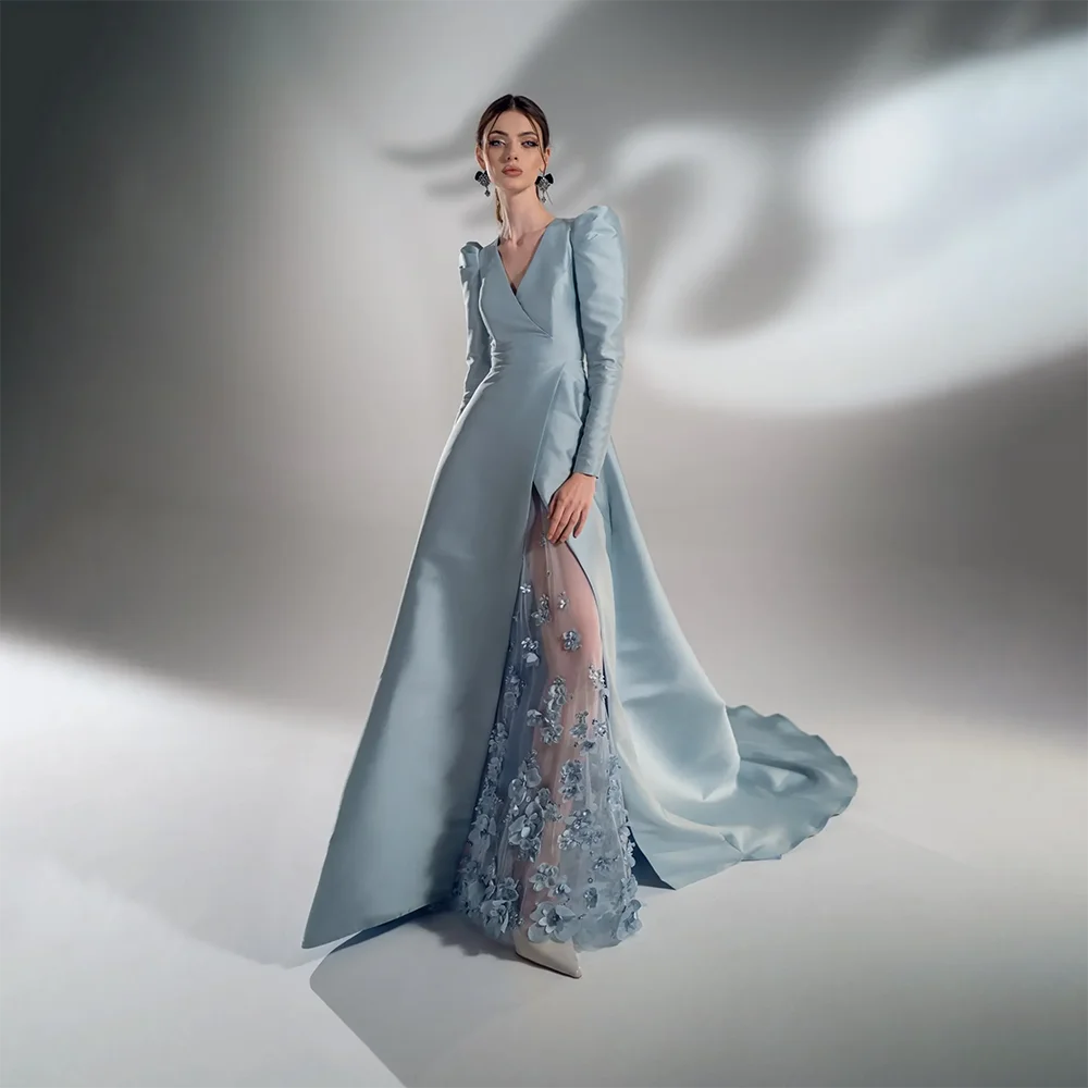 

Элегантное Атласное Платье-трапеция с V-образным вырезом и длинным рукавом, с 3D цветочным рисунком, сексуальное модное роскошное вечернее платье с разрезом сбоку