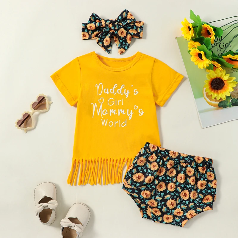

Baby Girl Summer Outfit Letter Print Tassel Short Sleeve T-Shirts Leopard Flower Print Shorts Headband 3Pcs Clothes Set