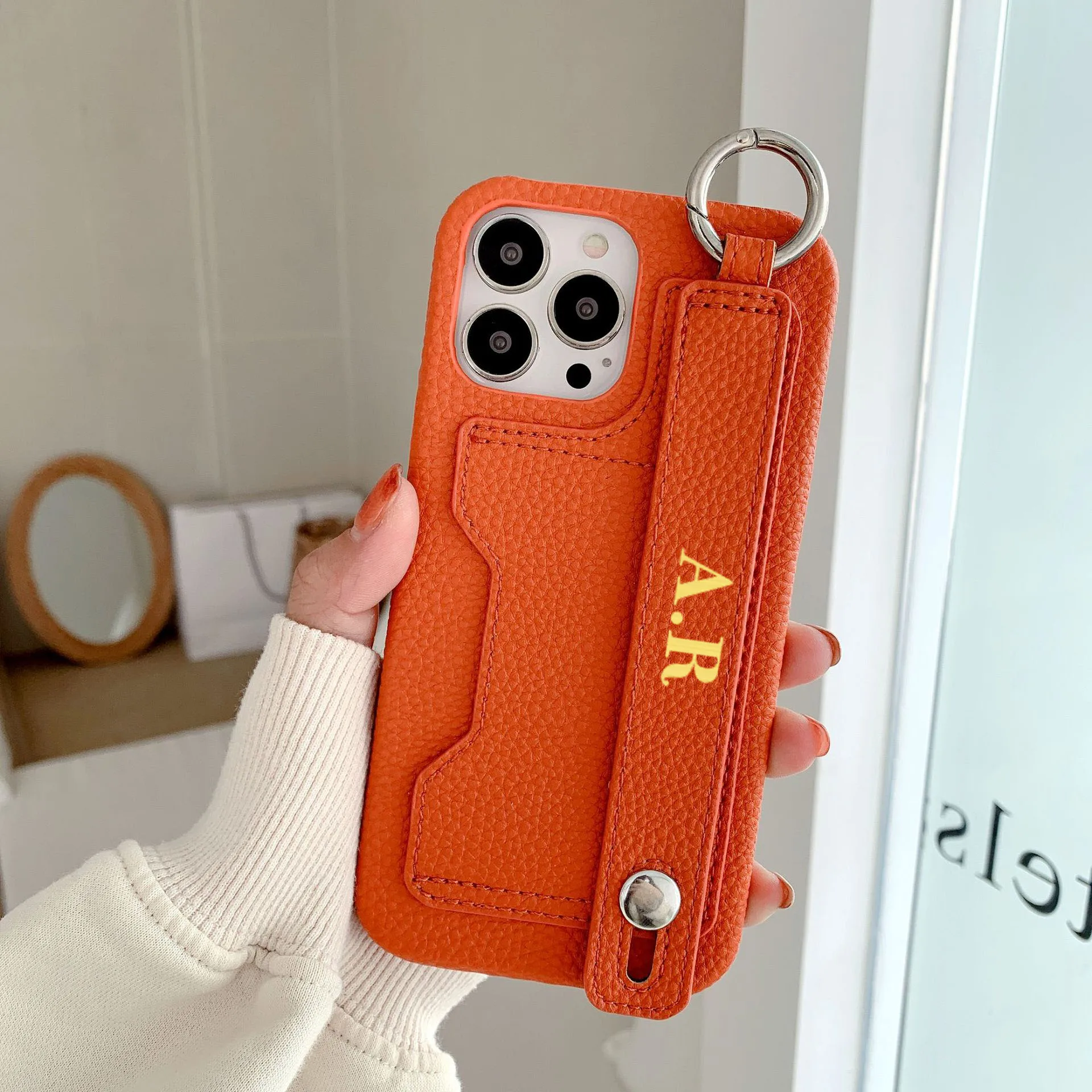 For iPhone 14 Pro Max 13 12 11 Personalised Leather Case With Wrist Strap  Customised Cardholder Slot Pebble Leather Phone Case _ - AliExpress Mobile