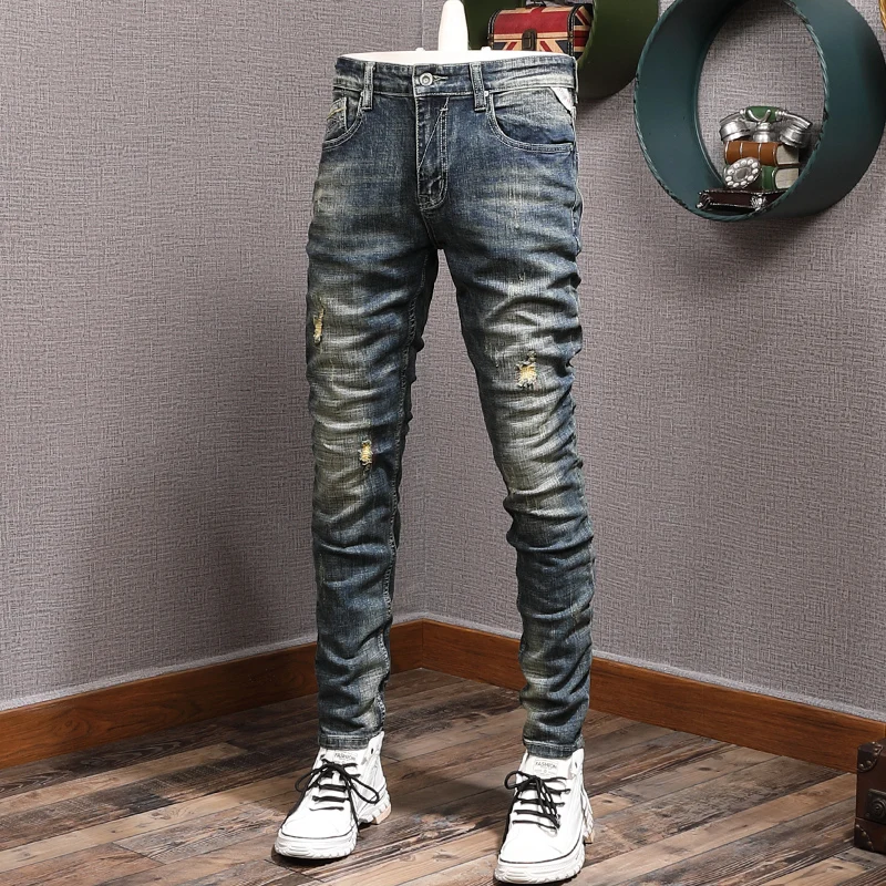 Streetwear Fashion Men Jeans Retro Blue Elastic Slim Ripped Jeans Men Trousers Embroidery Vintage Designer Casual Denim Pants men jeans streetwear vintage korean jeans men casual slim fitting mid waist ripped denim pencil jeans pants trousers