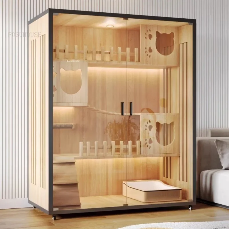 Solid Wood Cat Villa Cat Cages Home Indoor Comfortable Pet Litter House Large Free Space House Solid Wood Cabinet Pet Cage L