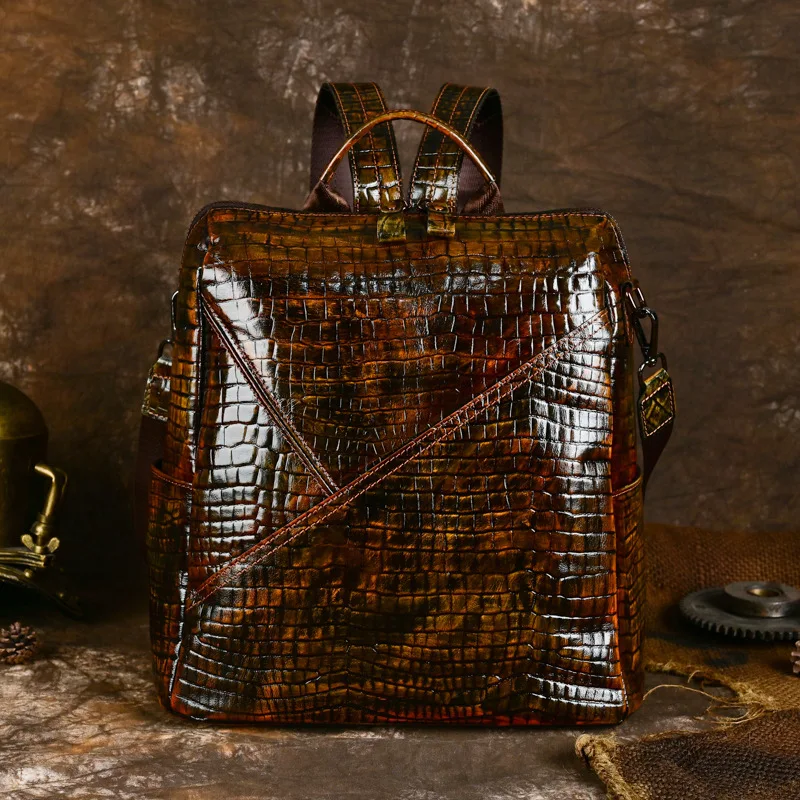 Leather Backpack Vintage Men's Backpack with Large Capacity in Genuine Leather Crocodile Print