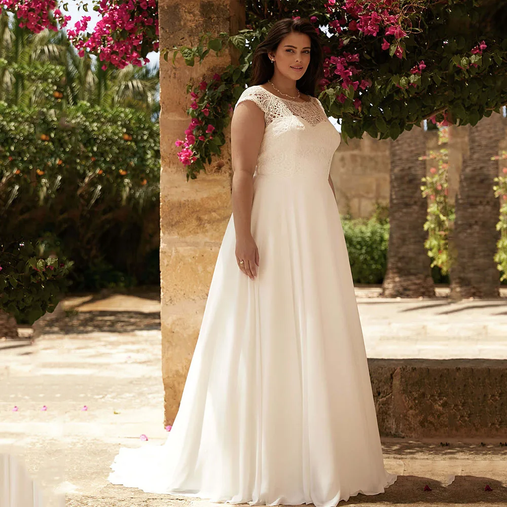 

Boho Plus Size Wedding Dresses O-Neck Cap Sleeves Zippper Bride Gown Chiffon A-Line Sweep Train Lace Applique فستان حفلات الزفاف