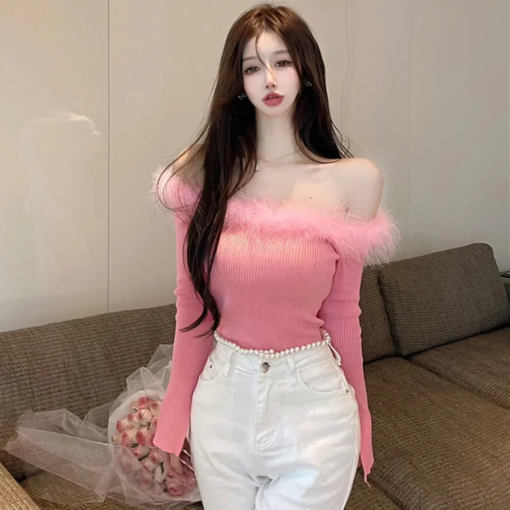 

Women's Off Shoulder Sexy Sweater Fluffy Fur Stitching Slash neck Long sleeve Knit Bottom Sweaters Top Ladies Club Tops