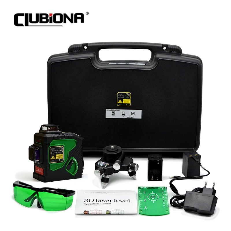 Clubiona Professional 3D 12 Lines Powerful GREEN Beam Laser Level Self-Leveling Vertical & Horizontal Cross Line 360° Rotary