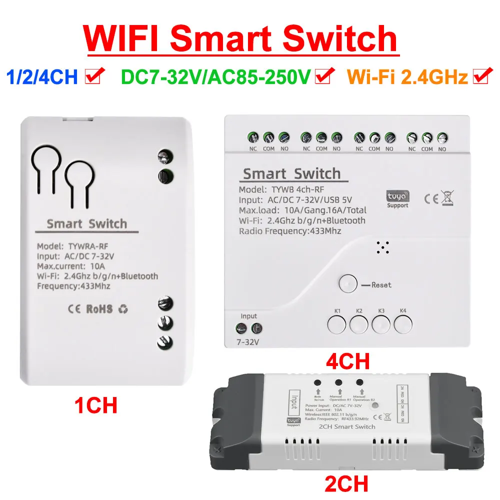 

1CH 2CH 4CH Smart Remote Control Wireless WiFi Switch Module DC 7-32V/AC85-250V RF Receiver 10A WiFi Relay module