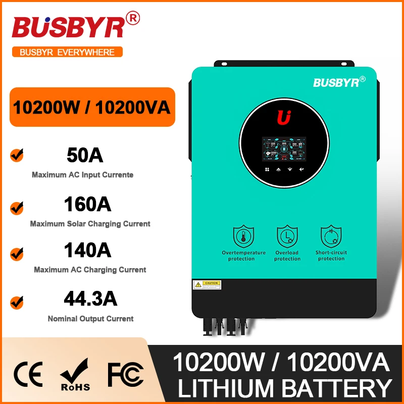 Busbyr 10200W Inverter Ibrido 48V Dc A 230Vac 160A Mppt Regolatore Di Carica Solare Max Pv 500Vdc Input On-Grid/Off-Grid Inverter