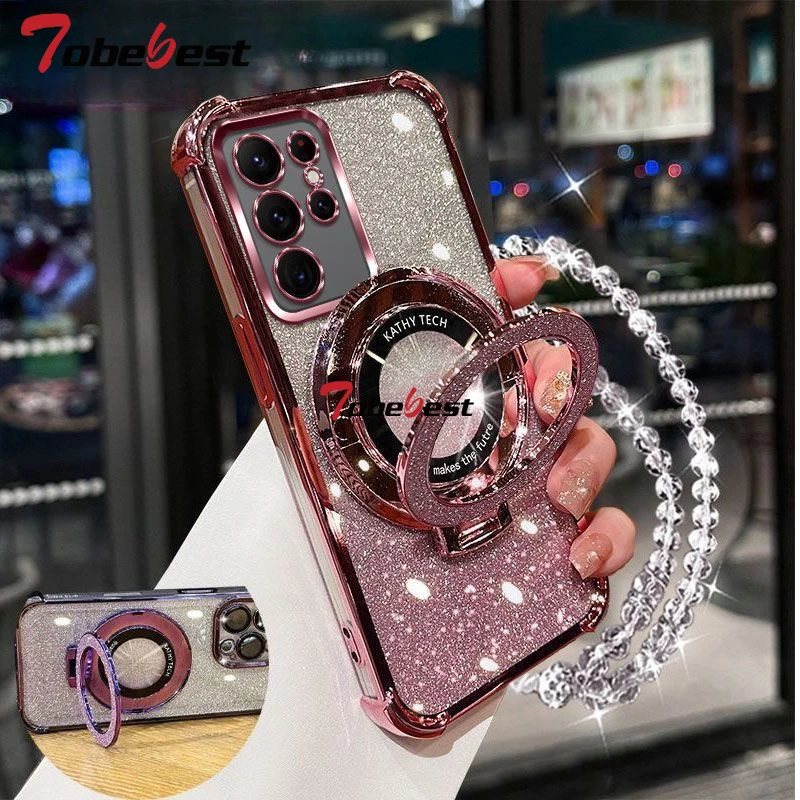 Shockproof Glitter Crystal Bracelet Phone Holder Case with Plated Design