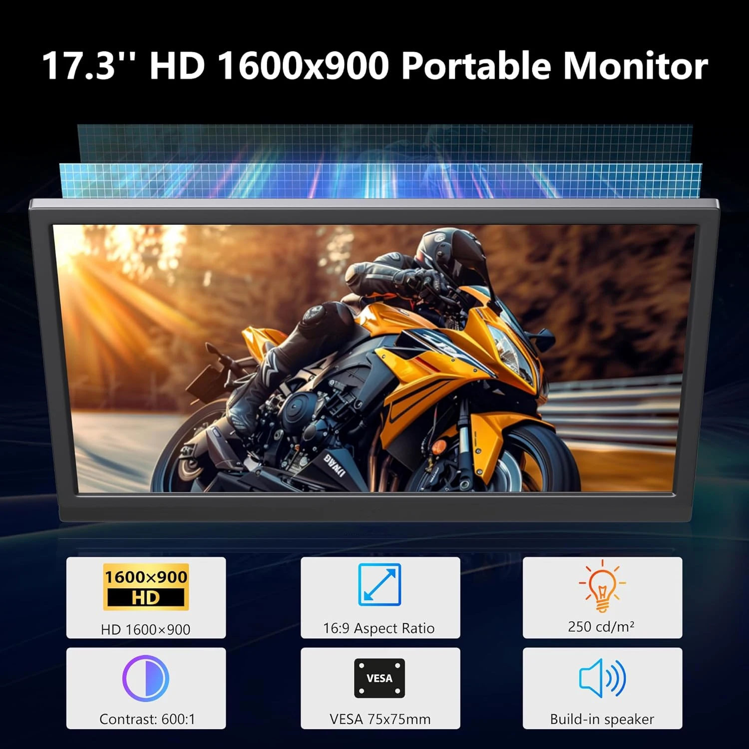 17.3인치 휴대용 모니터 250니트 72% sRGB IPS HDR 여행용 컴퓨터 디스플레이 USB Type-C 미니HDMI 듀얼 스피커 VESA 맥폰용