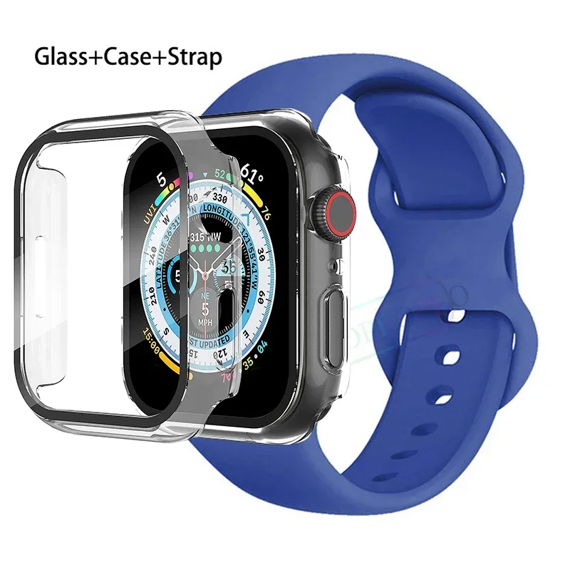 Premium Silicone Apple Watch Band with Glass Case and Strap - Compatible with All Series