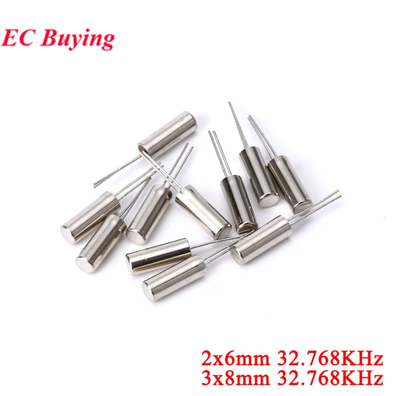 Crystal Oscillator 10Pcs 32.768KHz 2x6mm 3x8mm Cylinder Quartz Resonator 12.5pF &plusmn;10ppm