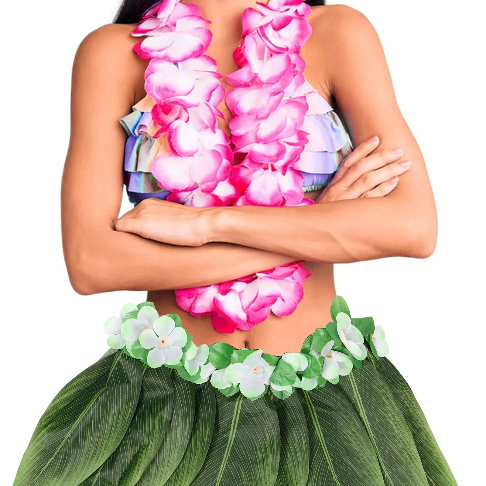 Hula Skirt Hawaiian Leaf Skirt Green Grass with Artificial Flowers for Beach Luau Party Supplies