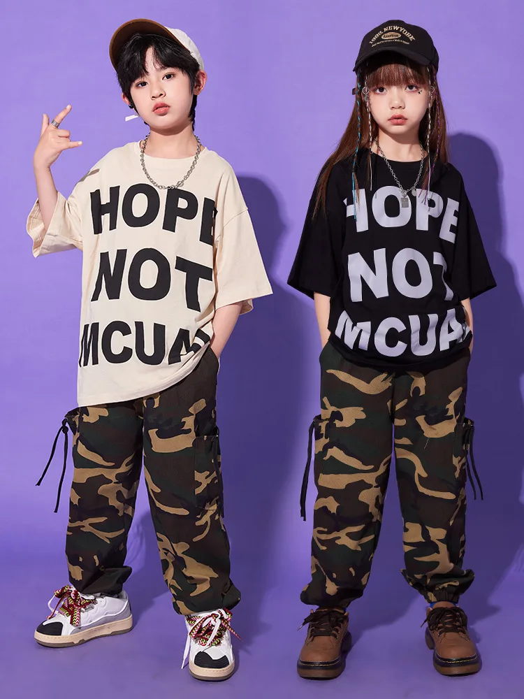 

Kid Hip Hop Clothing Graphic Tee Letter T Shirt Top Camouflage Street Cargo Jogger Pants for Girl Boy Jazz Dance Costume Clothes