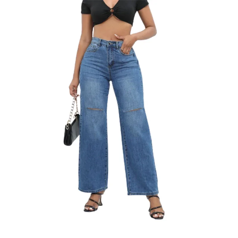 

Fashion Whitish Ripped Thighs Women Straight Jeans Casual High Waist Loose Wide Leg Trousers Female Office Commuter Denim Pants