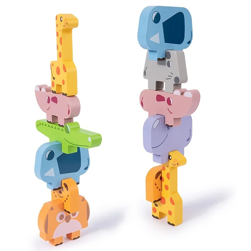1 Box Wooden Animal Stacking Puzzle Children's Early Education Puzzle Game Balance Building Block Toys