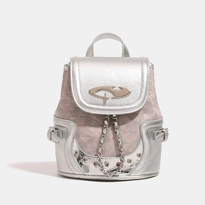 

2024 New Niche Design Fog Pink Backpack Women's Crocodile Pattern Small Backpack Commuter Handbag