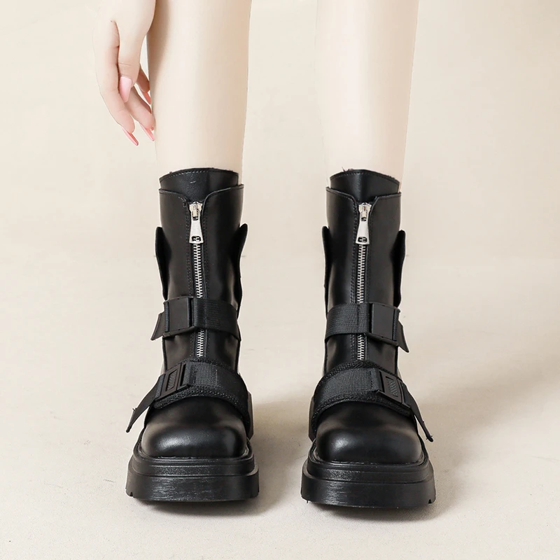 Chunky Platform Designer Ankle Boots â€?Trendy Belt Buckle Accent - true deals club