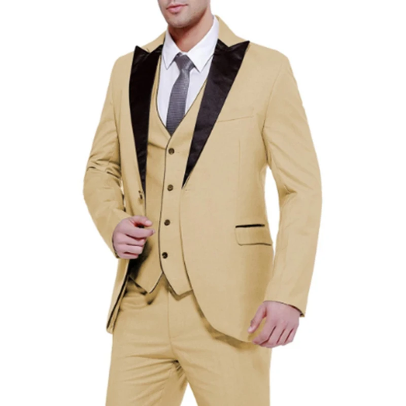 

3 Piece Champagne Men Suit 2023 Casual Formal Slim Fit Groom Wedding Suits Business Groomsmen Tuxedos ( Blazer+Pants+Vest )