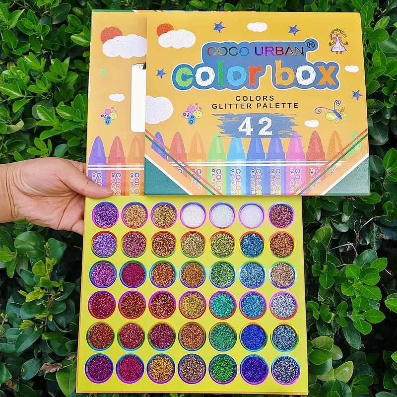 

Блестящие тени для век 42 цветов, тонкие и светящиеся блестящие тени для век с золотыми листьями, милая мультяшная палитра теней для век с бле...