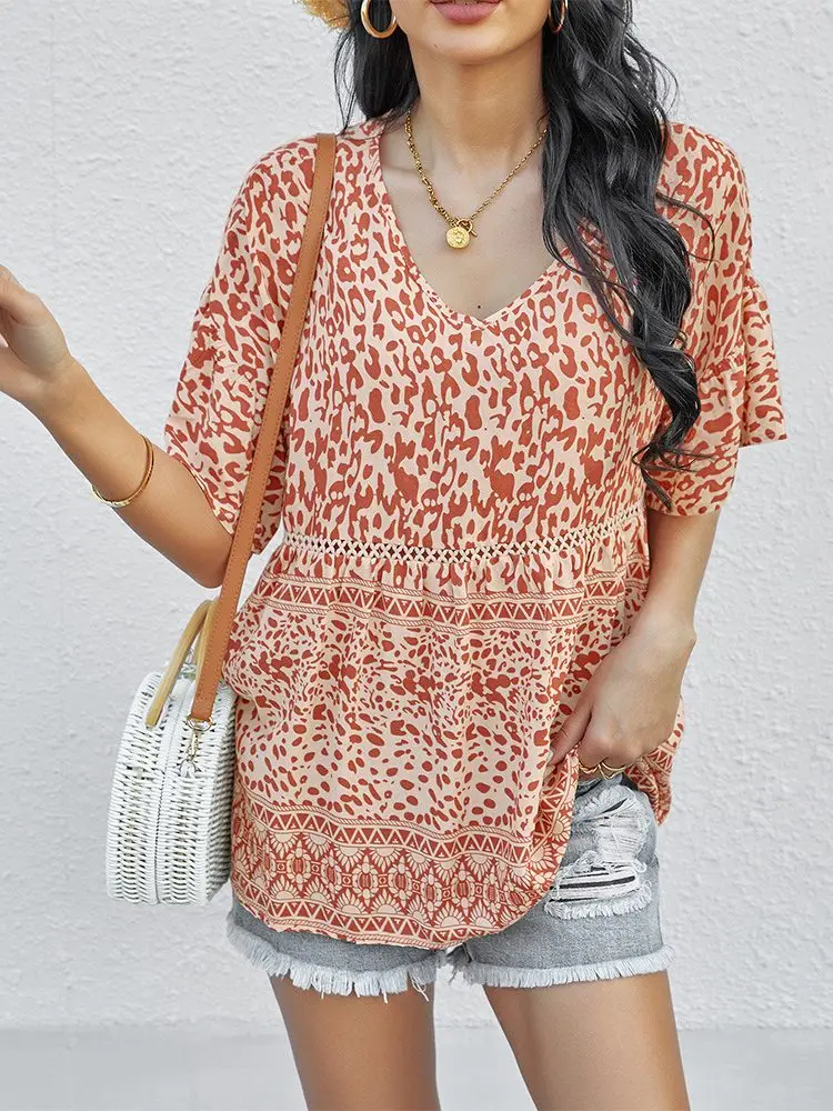 Blusa holgada de manga corta con cuello en V para mujer, blusas de estilo bohemio, Tops elegantes 2022 - AliExpress